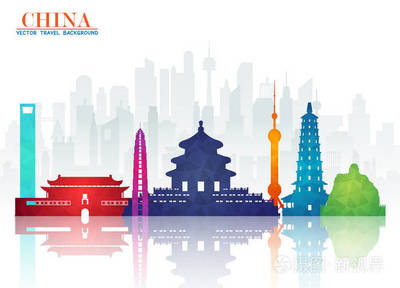 中国地标全球旅游和旅行论文背景。矢量设计模板. 用于广告、书籍、横幅、模板、旅游业务或演示文稿